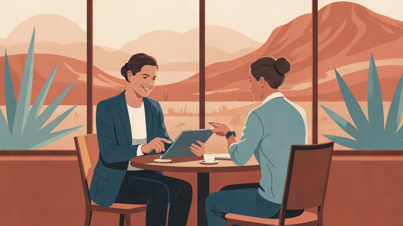A friendly, professional insurance agent sits at a sunlit cafe table with a client, reviewing options on a tablet