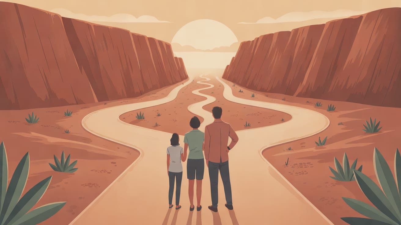 An illustration of a family standing at a fork in a desert trail, looking thoughtfully at a map. One path leads up a steep, rocky cliff, while the other is a smoother path toward a warm sunrise, symbo