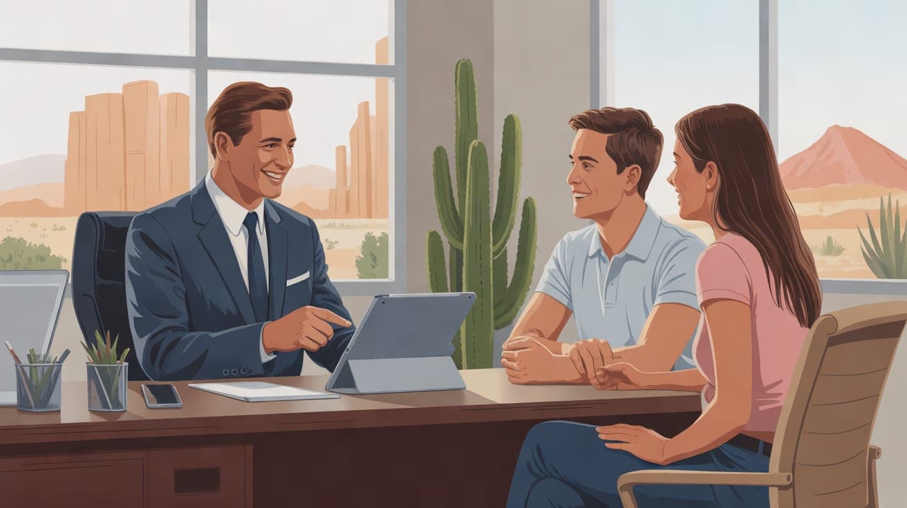 A friendly, professional insurance agent sits across a desk from a young couple in a bright, modern office with subtle Southwestern decor. The agent is smiling and pointing to a tablet, while the coup