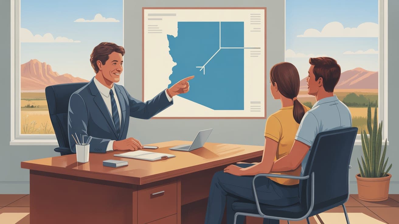 A warm, approachable insurance agent sits at a clean wooden desk, pointing to a clear path on a stylized map of Arizona for a young couple. The scene is set in a bright, welcoming office with a sunny