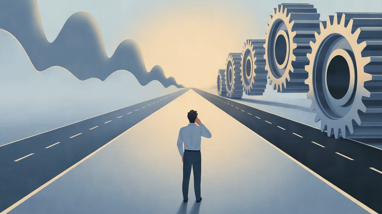An illustration showing a business owner thoughtfully observing two pathways